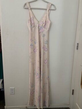 WAYF XS Satin Floral Maxi Dress Cream Pink Blue Slip Dress